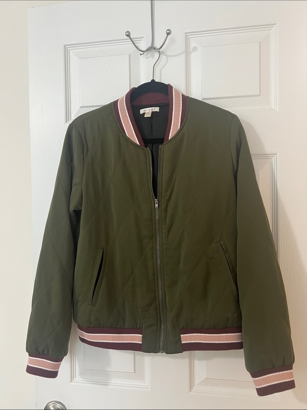 Miami Olive Green Quilted Bomber Jacket with Stripe Trim